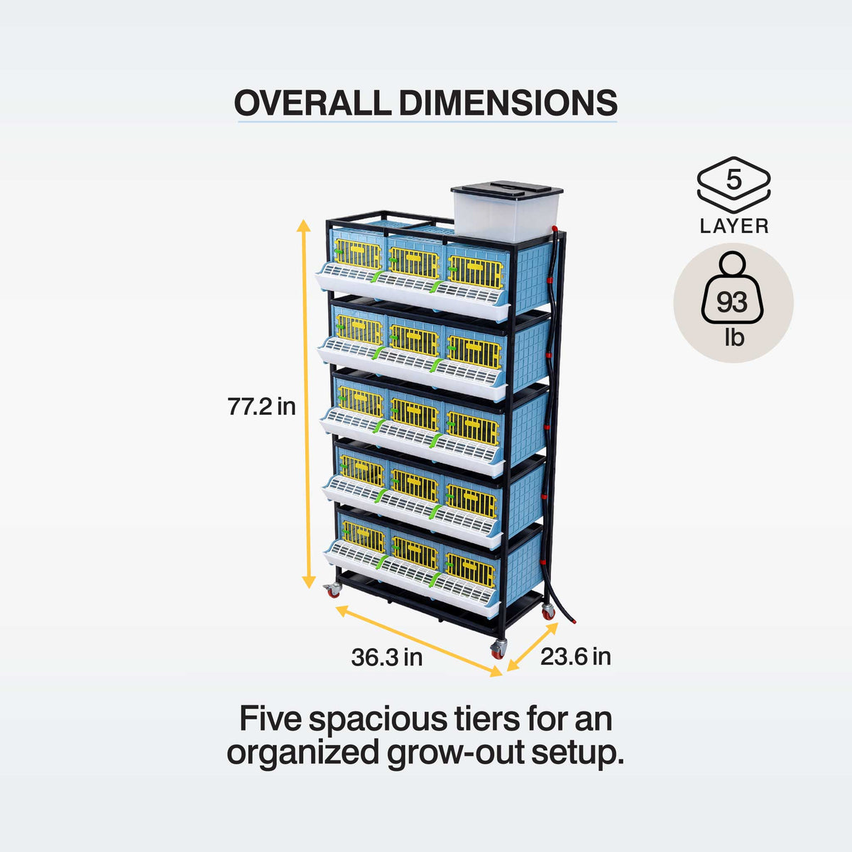 Cimuka 5-layer H9.5-inch grow-out pen dimension infographic illustrating the overall height, width, and depth of the five-level poultry rearing system.