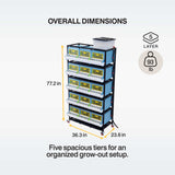 Cimuka 5-layer H9.5-inch grow-out pen dimension infographic illustrating the overall height, width, and depth of the five-level poultry rearing system.