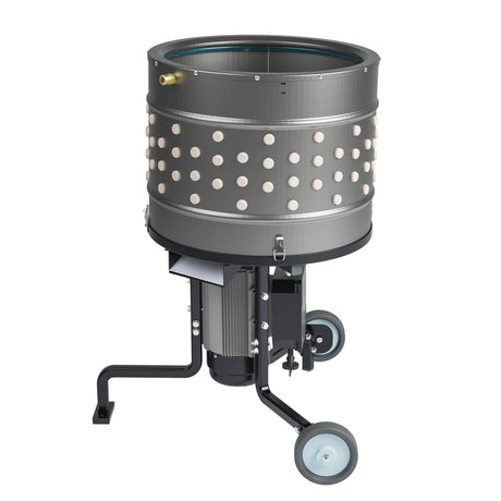 EU ProB poultry feather plucker with 20 inch stainless steel drum, 138 white rubber fingers, and wheeled base for small bird processing.