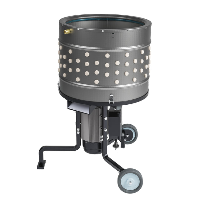 EU ProB poultry feather plucker with 20 inch stainless steel drum, 138 white rubber fingers, and wheeled base for small bird processing.