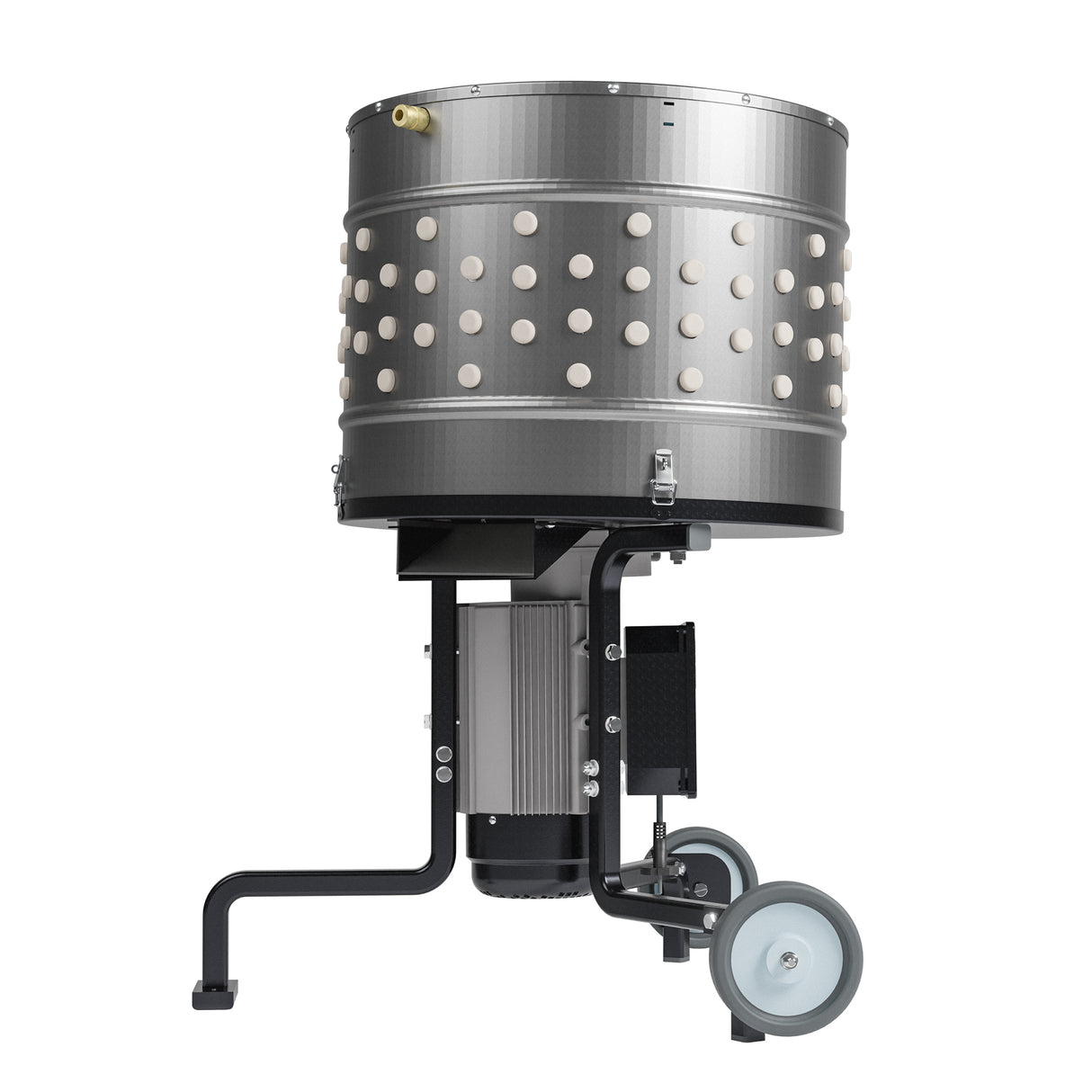 Stainless steel chicken plucker machine with rubber fingers, motor base, and wheels for poultry processing