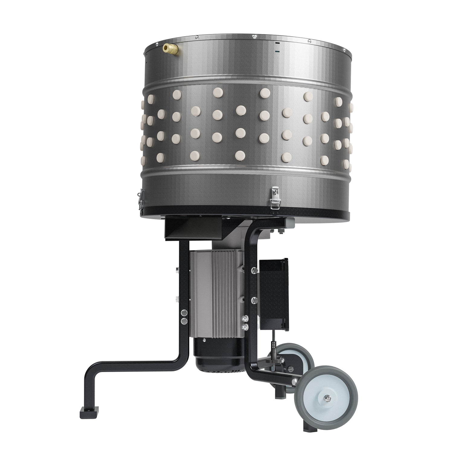 Stainless steel chicken plucker machine with rubber fingers, motor base, and wheels for poultry processing