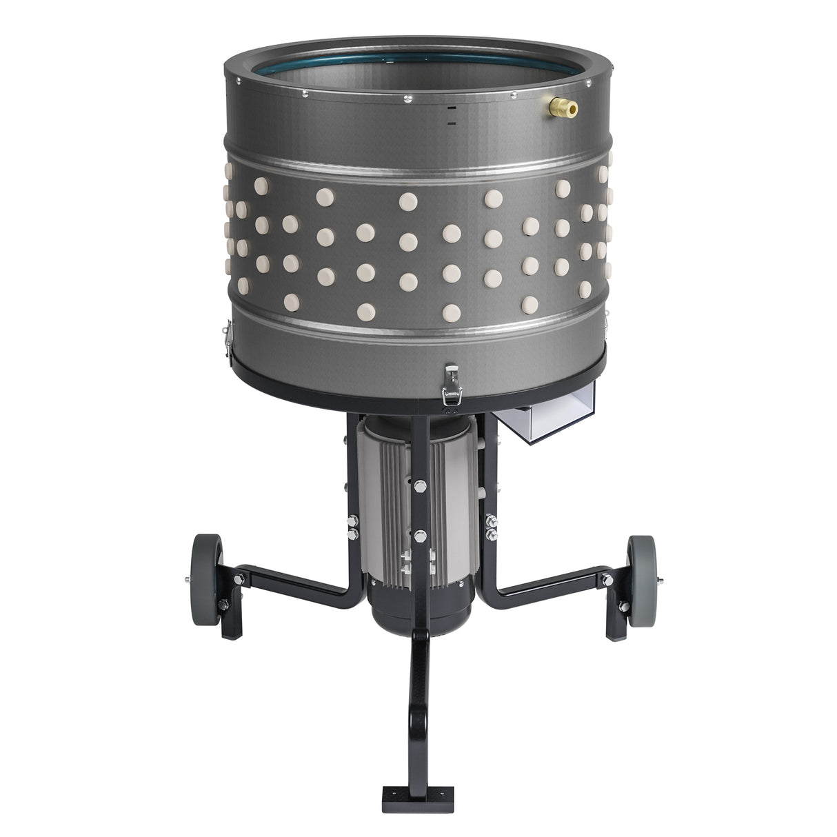 Tilted front view of EU ProB poultry feather plucker with 20 inch stainless steel drum, 138 white rubber fingers, and powerful 1500W motor.