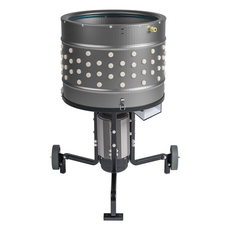 Tilted front view of EU ProB poultry feather plucker with 20 inch stainless steel drum, 138 white rubber fingers, and powerful 1500W motor.