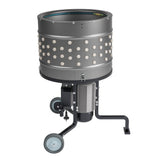 Side view of EU ProB poultry feather plucker with stainless steel 20 inch drum, 138 white rubber fingers, and heavy-duty motor on wheeled base.