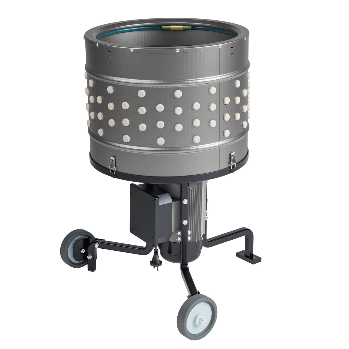Angled view of EU ProB poultry feather plucker with stainless steel drum, 138 white rubber fingers, 1500W motor, and caster wheels.