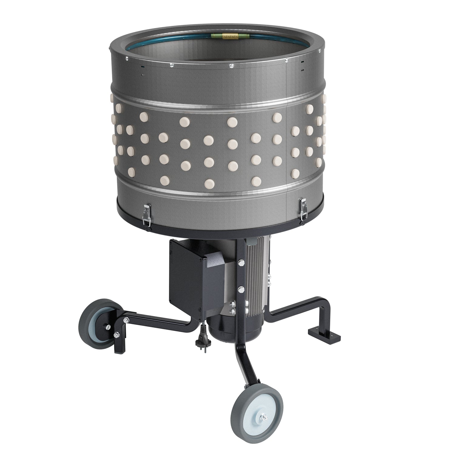 Angled view of EU ProB poultry feather plucker with stainless steel drum, 138 white rubber fingers, 1500W motor, and caster wheels.