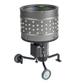 Angled view of EU ProB poultry feather plucker with stainless steel drum, 138 white rubber fingers, 1500W motor, and caster wheels.