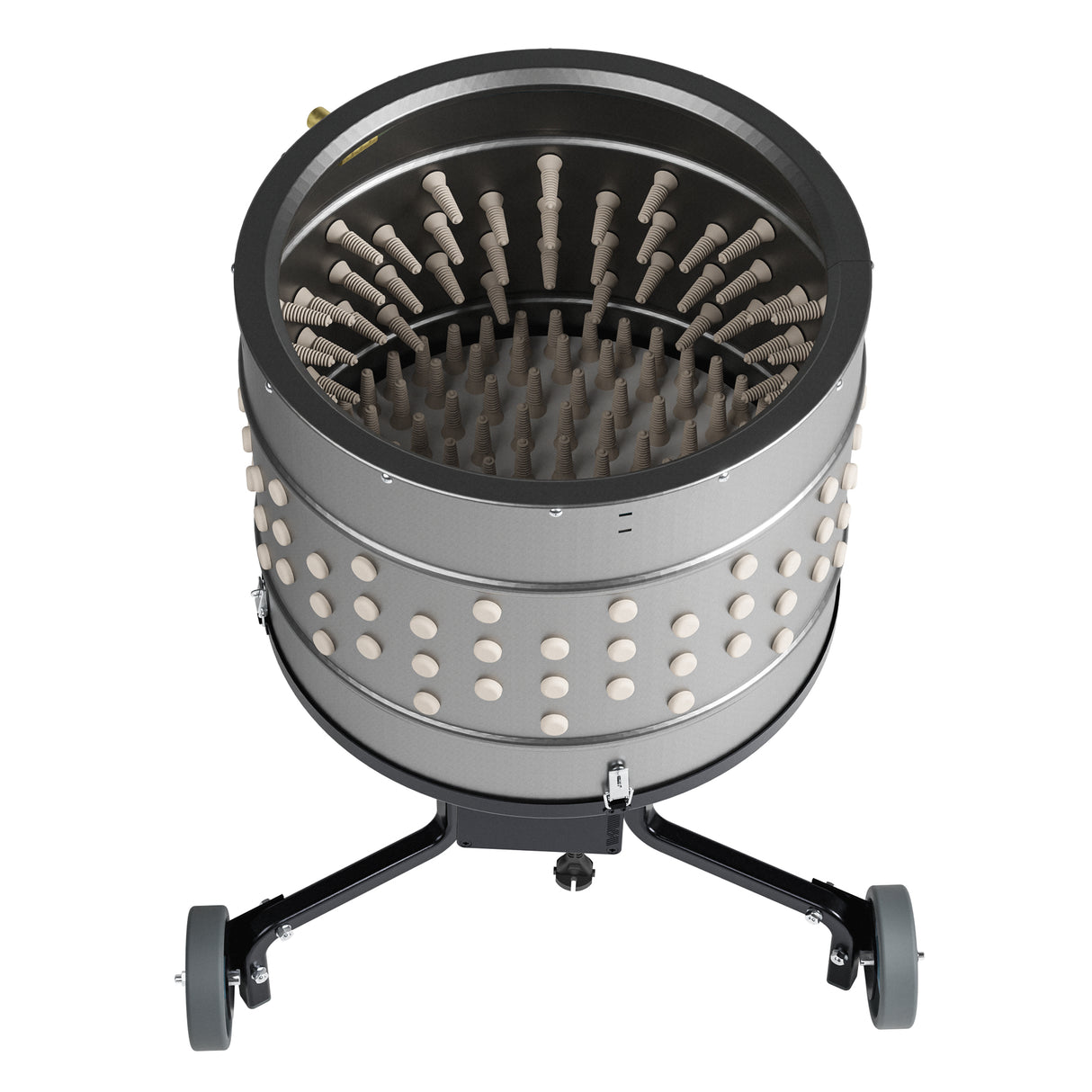 Top view of EU ProB poultry feather plucker showing 138 white rubber fingers inside 20 inch stainless steel drum for 360-degree feather removal.