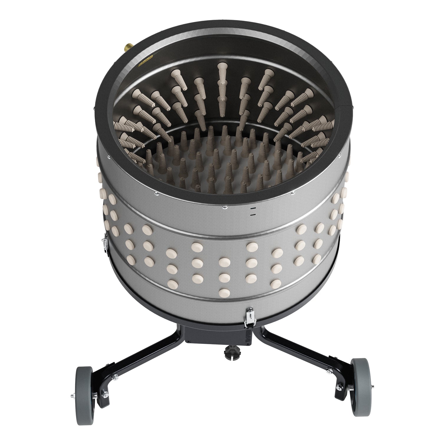 Top view of EU ProB poultry feather plucker showing 138 white rubber fingers inside 20 inch stainless steel drum for 360-degree feather removal.