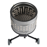 Top view of EU ProB poultry feather plucker showing 138 white rubber fingers inside 20 inch stainless steel drum for 360-degree feather removal.