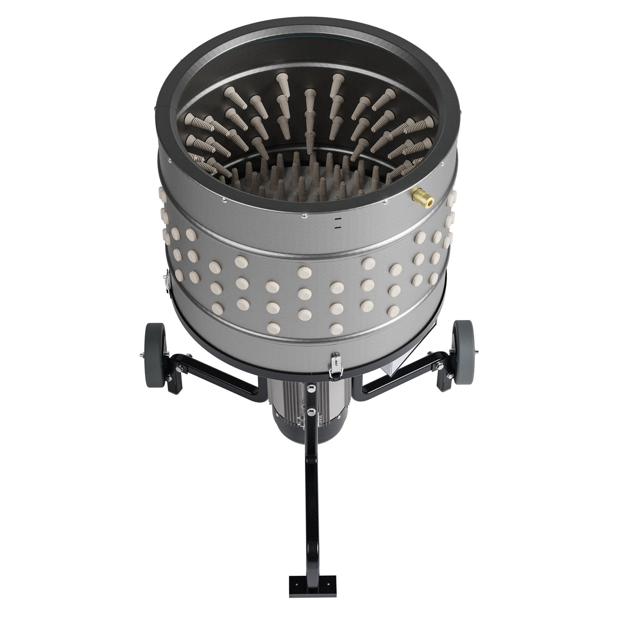 Top-down front view of EU ProB poultry feather plucker with 20 inch stainless steel drum and 138 white rubber fingers for efficient bird processing.