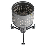 Top-down front view of EU ProB poultry feather plucker with 20 inch stainless steel drum and 138 white rubber fingers for efficient bird processing.