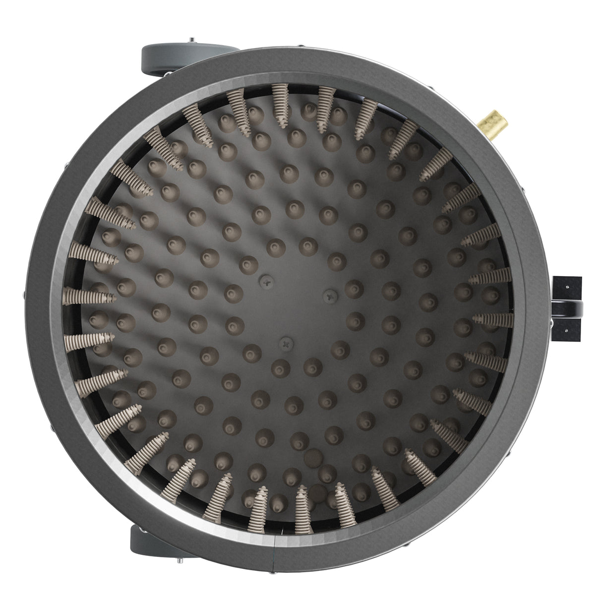 Top interior view of EU ProB poultry feather plucker showing 138 white rubber fingers inside 20 inch stainless steel drum.