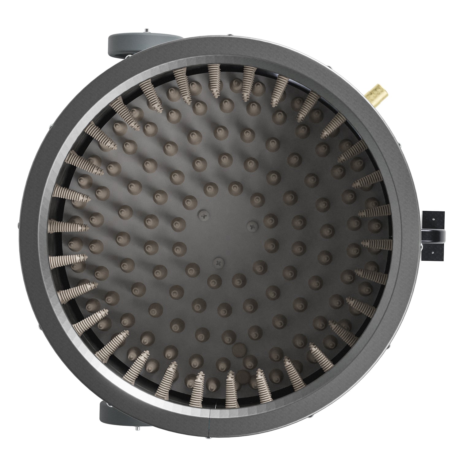 Top interior view of EU ProB poultry feather plucker showing 138 white rubber fingers inside 20 inch stainless steel drum.