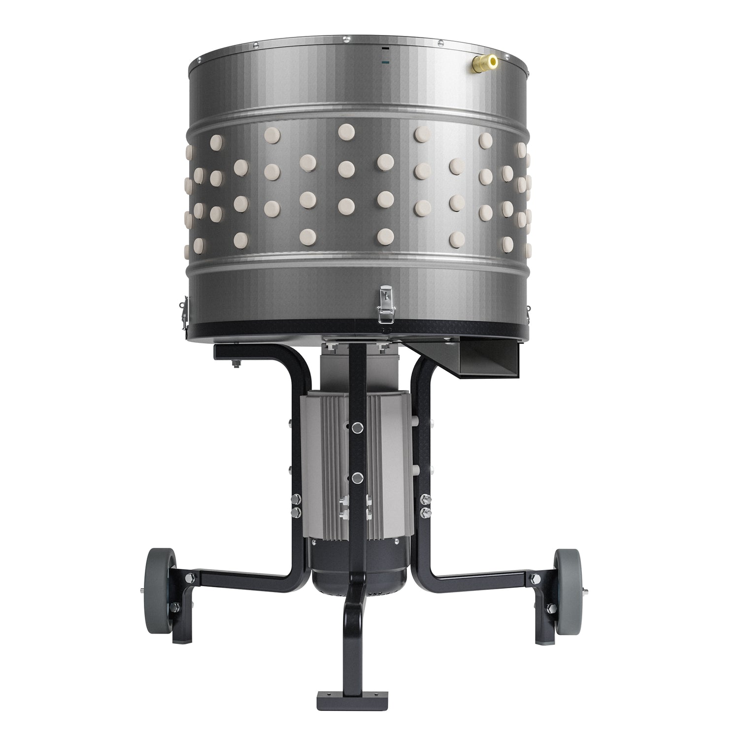 Front view of EU ProB poultry feather plucker with 20 inch stainless steel drum, 138 white rubber fingers, and powerful 1500W motor.