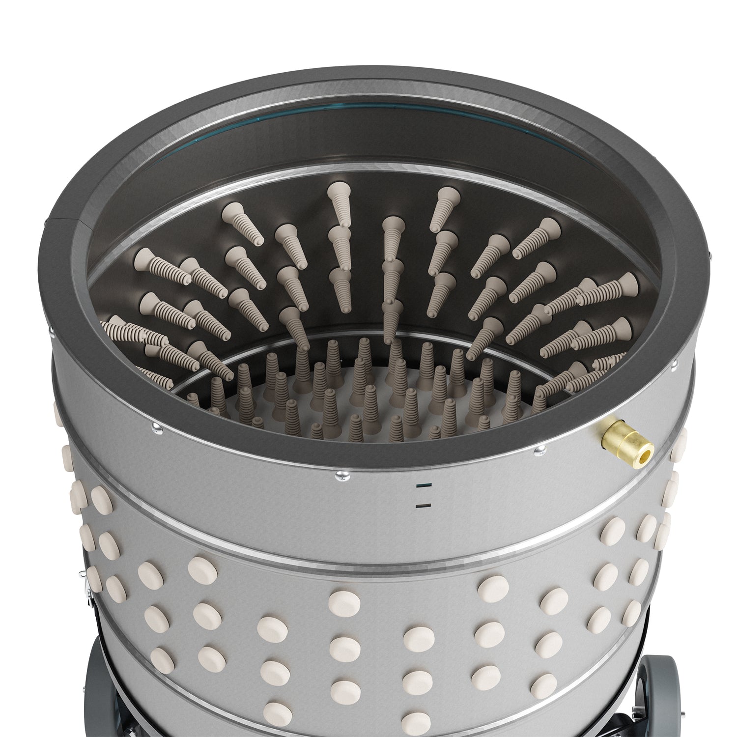 Top zoomed in view of a stainless steel chicken plucker drum with rubber fingers for poultry feather removal