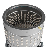 Top zoomed in view of a stainless steel chicken plucker drum with rubber fingers for poultry feather removal
