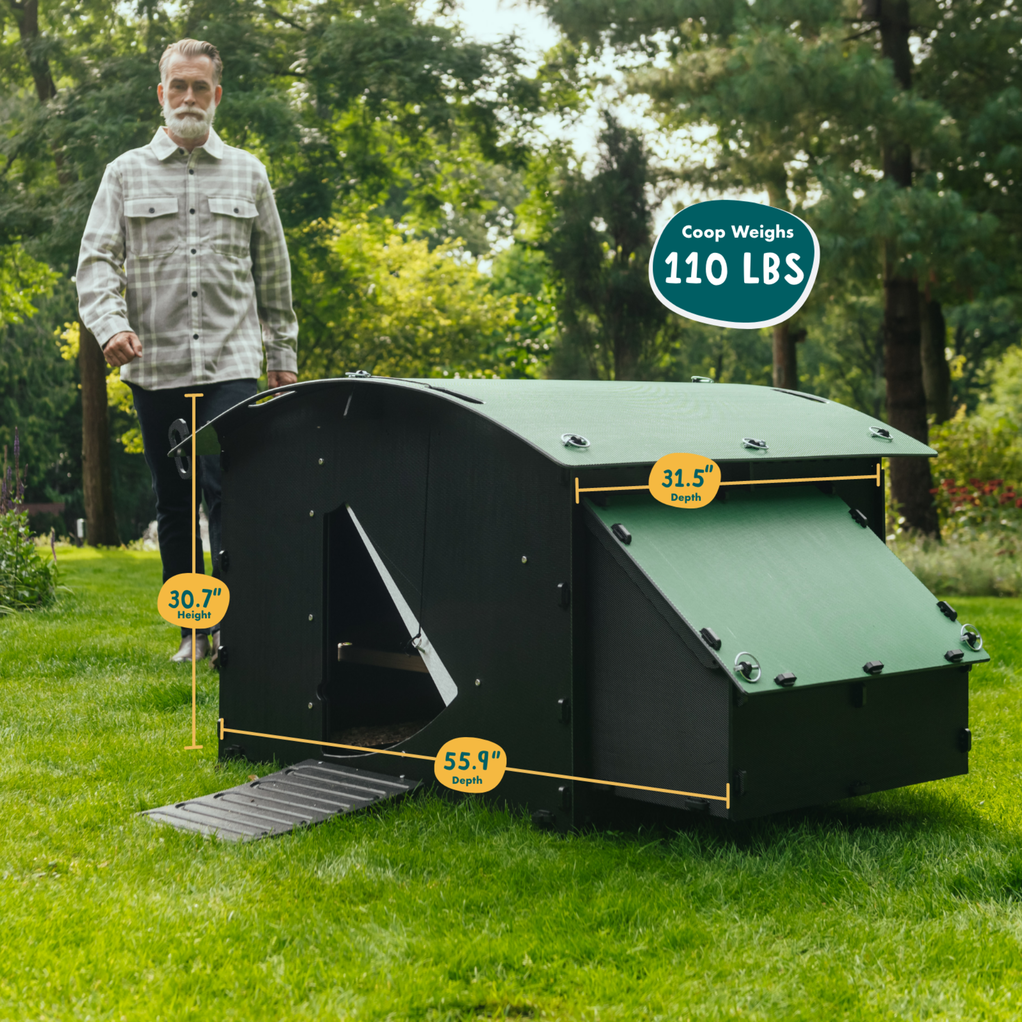 Hatching Time Nestera. Large groudn chicken coop can be seen in image. A man is standing behind the chicken coop. Infographic shows dimensions. Coop is 30.7 inches high, 55.9 inches wide, 31.5 inches deep. Coop weighs 110 pounds.