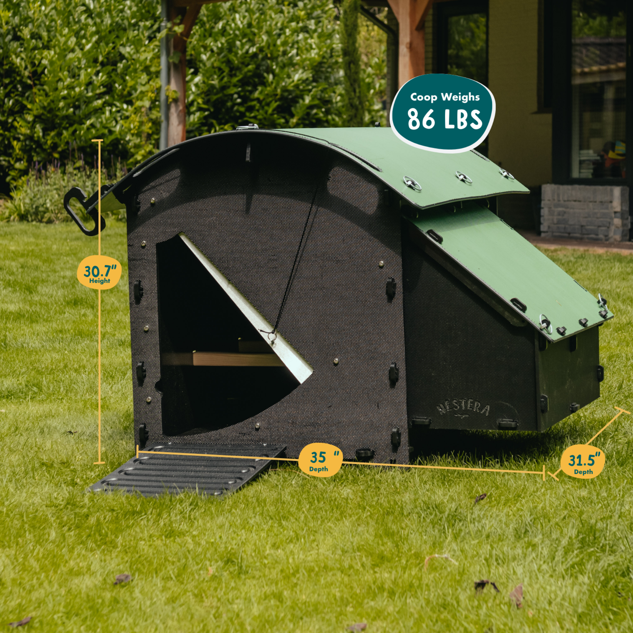 Hatching Time Nestera. Medium Ground chicken coop can be seen on grass. Infographic shows dimensions. Coop is 30.7 inches high, 35 inches wide, 31.5 inches deep. Coop weighs 86 pounds.