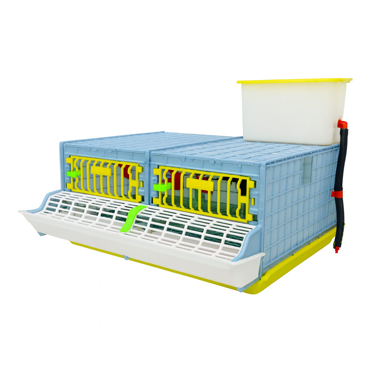 Hatching Time Cimuka GL25 9.5" Grow out Pen 1 section visible with front wall, door feeding trough visible and water reservoir tank on top of grow out pen.