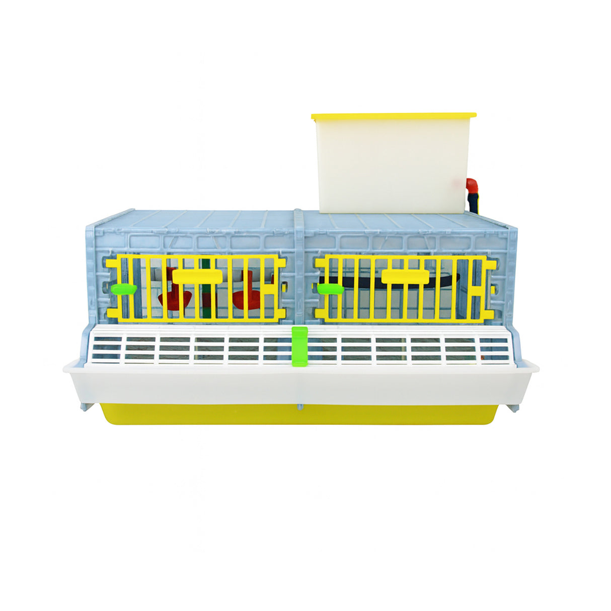 Hatching Time Cimuka. GL25 9.5” Grow out pen 1 section front view. Feeding trough can be seen on front of grow out pen. Water reservoir tank can be seen on top of grow out pen.