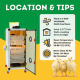 HB175 H - Egg Incubator - Hatcher: Image shows tips for where to place the  incubator. Draft-free room at least 1.5 ft away from walls with a room temp between 59 and 86 degrees Fahrenheit. Image shows incubator and chicks.