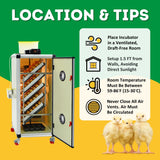  Image shows tips for where to keep incubator. Draft-free room at least 1.5 ft away from walls with a room temp between 59 and 86 degrees Fahrenheit. Image showsHB175 S - Egg Incubator - Setter and chicks.