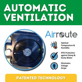 Airroute patented technology can be seen in image as a fan. Image text states it holds temp and humidity, is protected against damp and dusty water and eliminates voltage drops.
