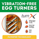 HB175 S - Egg Incubator - Setter: Image shows TurnX vibration-free egg turners. Patented technology infographic shows less stress on eggs, rotation of 45 degrees and higher hatch rates.