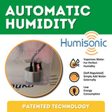 Hatching Time Cimuka. Automatic Humisonic Humidifier is shown in image. Infographic shows patented technology for perfectly controlling humidity in HB350 C - Egg Incubator - Setter & Hatcher
