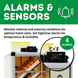 Hatching Time Cimuka. Image shows a focus on digital controls that have alarms and sensors for temperature and humidity.