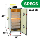 Hatching Time Cimuka. Image shows height, length and depth of the HB350 H - Egg Incubator - Hatcher as well as weight. 49 inches tall, 32 inches deep, 21 inches wide and 69 pounds.