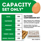 Hatching Time Cimuka. Image shows the amounts of each poultry egg that can fit into incubator with correct tray configuration.