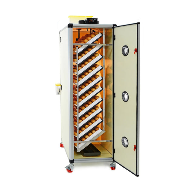 Hatching Time Cimuka. Image shows an open HB incubator with setter trays inside. Digital controls can be seen on top in front of water reservoir for Humisonic Humidifier.