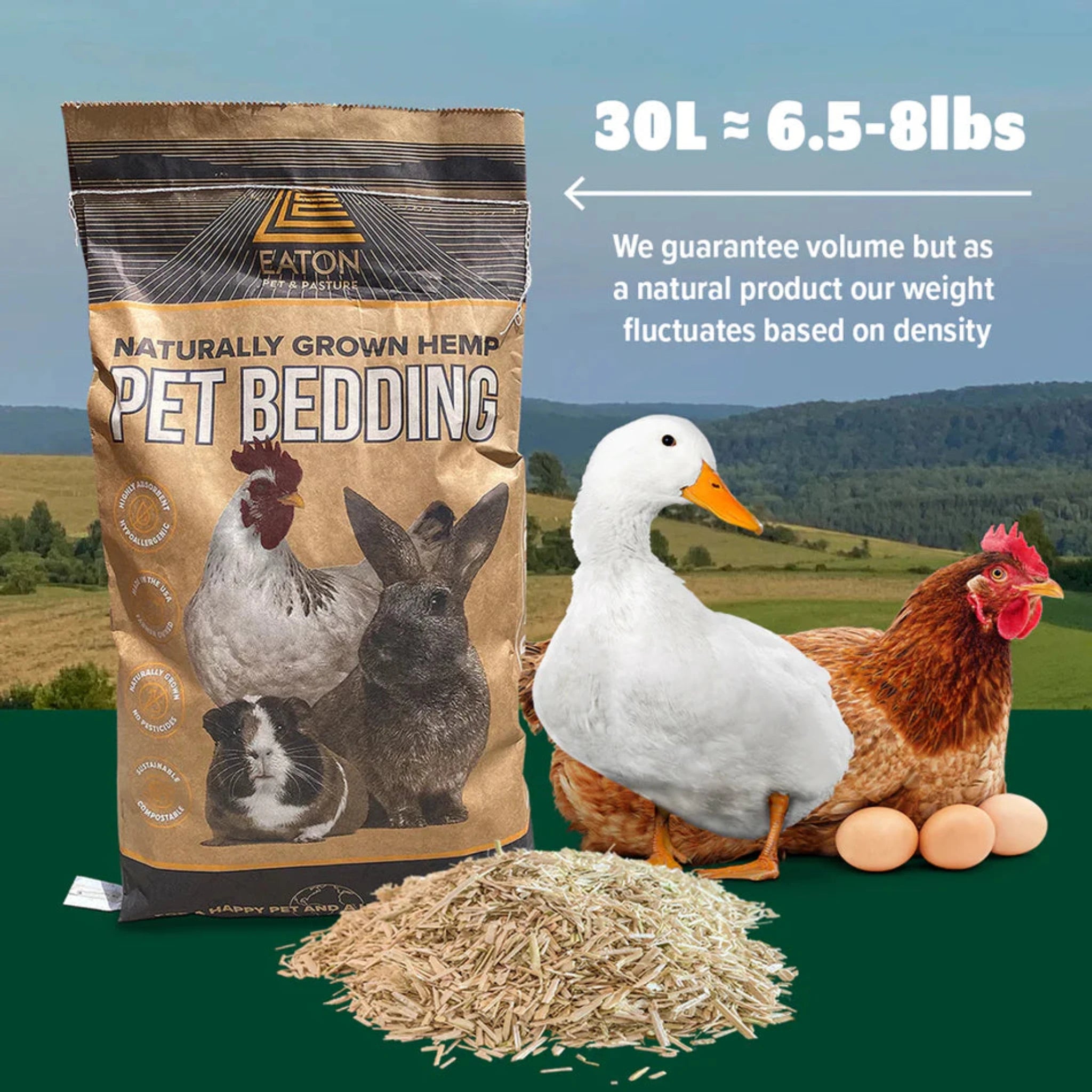 Hatching Time Eaton. Naturally Grown Hemp Pet Bedding bag can be seen in image. A chicken and a duck are next to the bag. There is a pile of bedding in front of the bag and poultry.