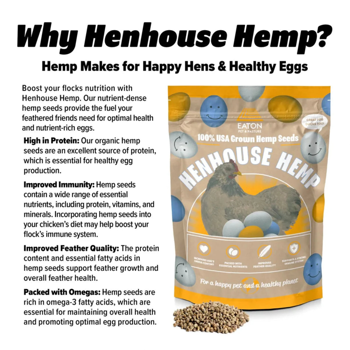 Hatching Time Eaton. Henhouse Hemp shows hemp seeds for healthier hens.