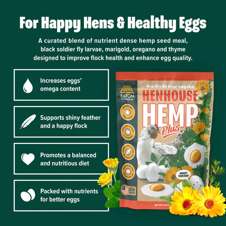 Henhouse Hemp Plus product image – hemp seed poultry supplement promoting healthy hens, omega-rich eggs, shiny feathers, and balanced nutrition.
