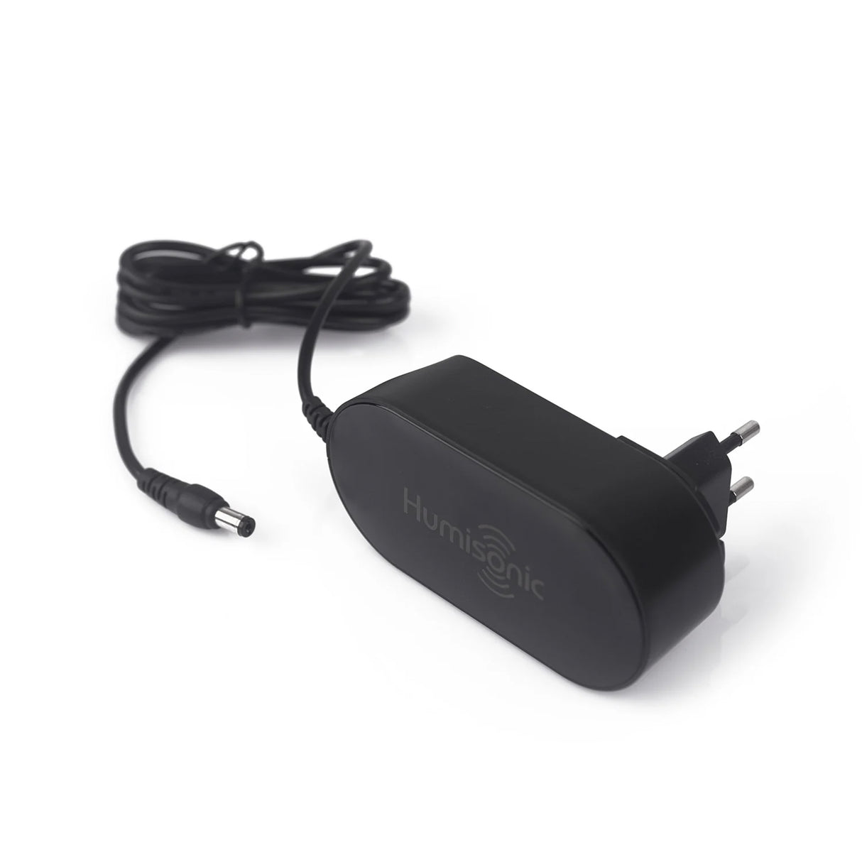 Black power adapter with cable on a white background, featuring the Humisonic logo.