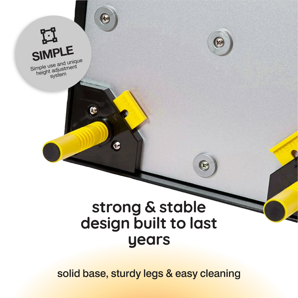 Product with yellow legs and text highlighting its features on a white background