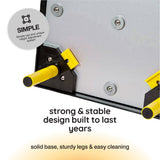 Product with yellow legs and text highlighting its features on a white background