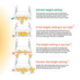 Diagram showing correct and incorrect height settings for a heating plate with chicks.