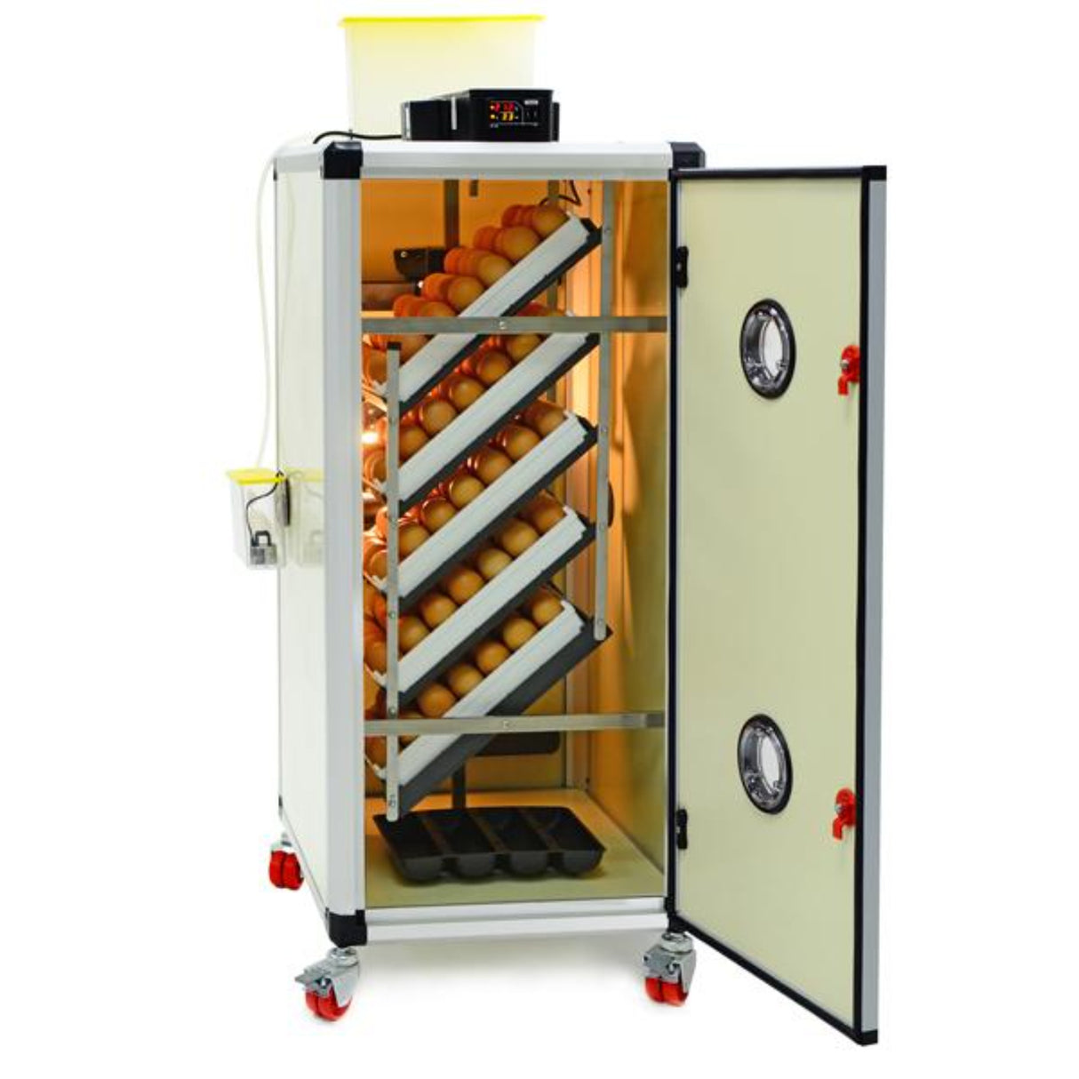 Hatching Time Cimuka HB175 Incubator shown with door open and inside full of setter trays with brown eggs. This image is for the scratch and dent item.