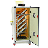 Hatching Time Cimuka HB175 Incubator shown with door open and inside full of setter trays with brown eggs. This image is for the scratch and dent item.