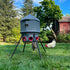 Hatching Time Feed Silo 80 Lb Feeder CoopWorx CWFS-80-A4 Feeder In Use Outside on a farm. Chickens are roaming around the feeder.
