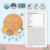 Guaranteed analysis and ingredients for Mile Four Organic Mash Layer Chicken Feed featuring USDA Organic, USA Grown, Non-GMO Project Verified, corn-free, soy-free, and non-medicated formula.