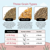 Comparison of Mile Four Organic Pellet Layer Chicken Feed versus conventional chicken feed, highlighting organic ingredients, fresh milling, and premium nutrition.