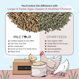 Comparison of Mile Four Organic Pellet Layer Chicken Feed versus conventional chicken feed, highlighting organic ingredients, fresh milling, and premium nutrition.