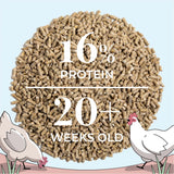Close-up of Mile Four Organic Pellet Layer Chicken Feed with 16% protein formulated for laying hens 20 weeks and older.
