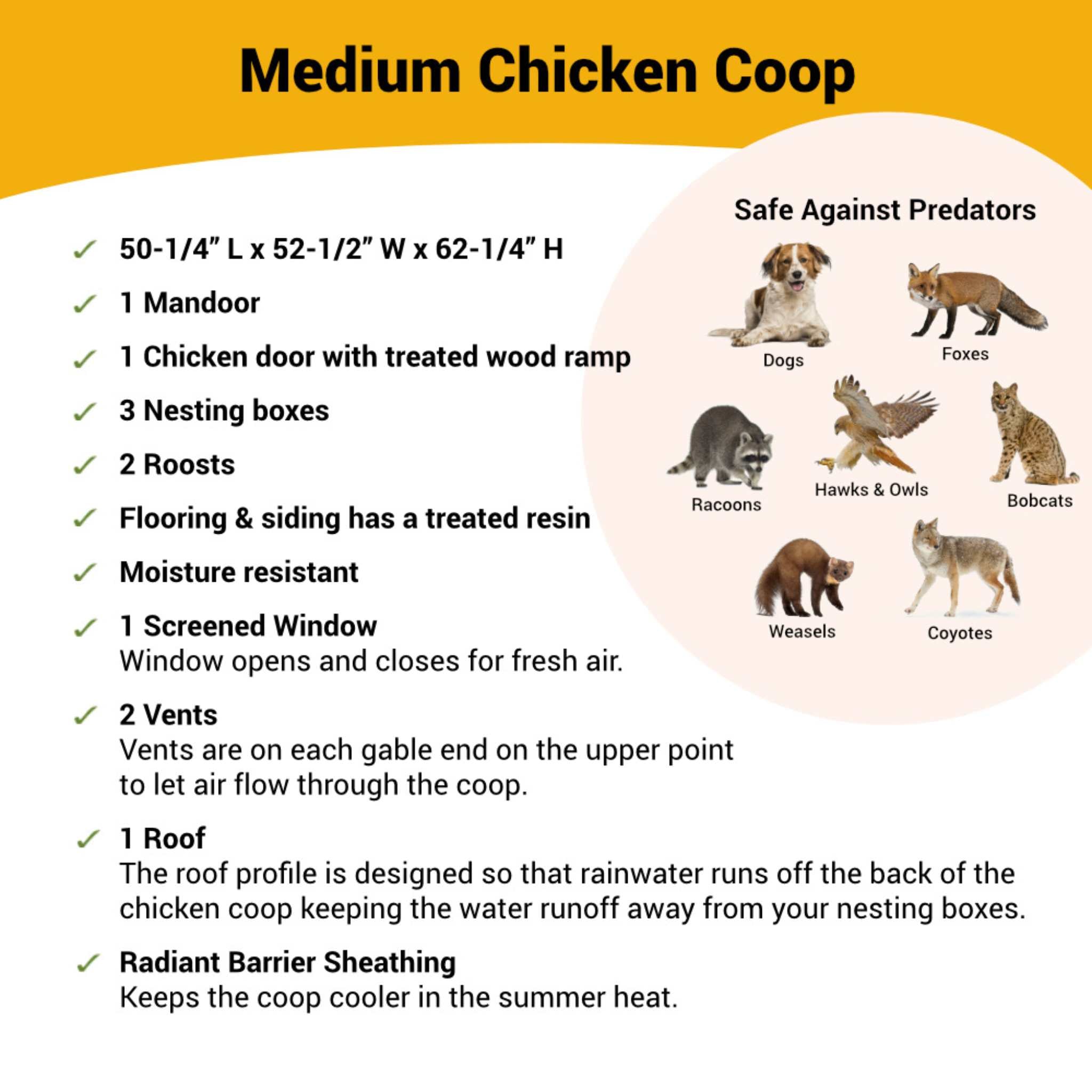 Hatching Time OverEZ Medium chicken coop infographic shows coop is safe against predators. dimensions and details are also shown in image for medium chicken coop.